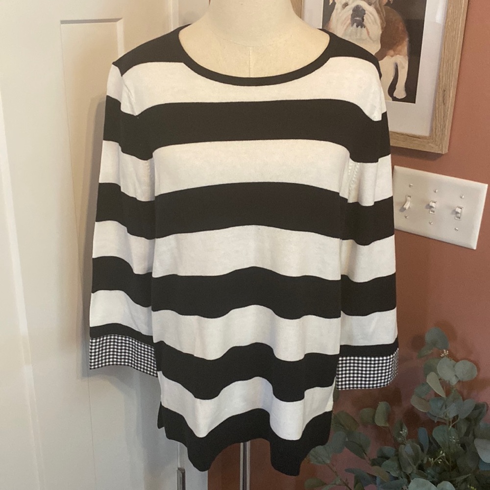 NWT Talbots black & white wide stripes M gingham cuff detail 100% cotton sweater